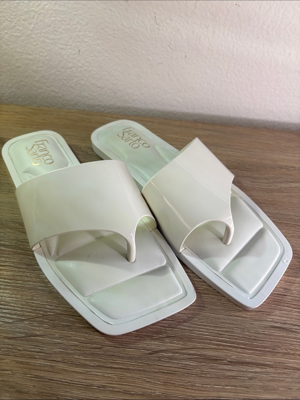 Franco Sarto Cream Square-Toe Slide Sandals